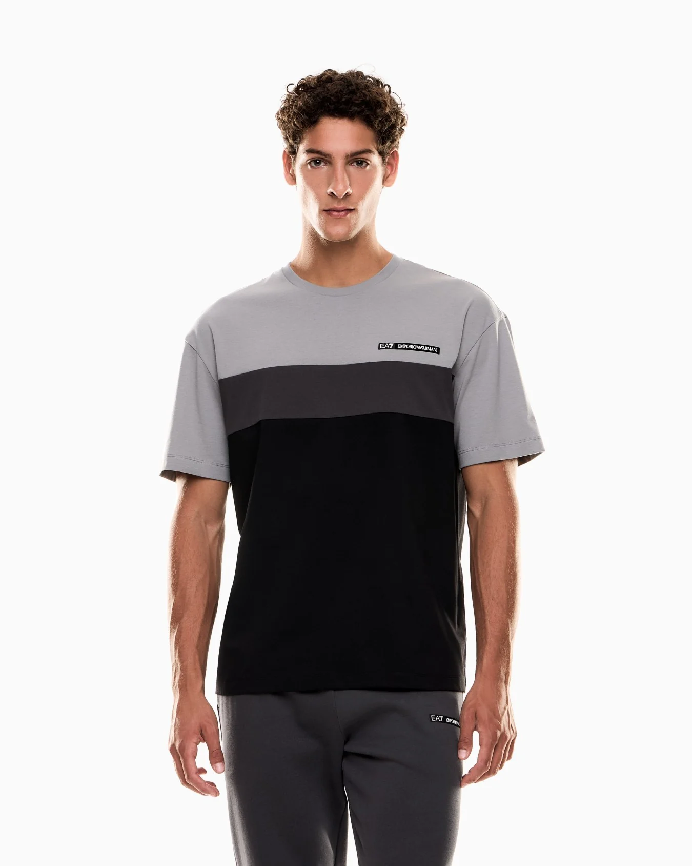 EA7 Emporio Armani 7M000935 Athletic Colour Block Cotton-Blend Crew-Neck T-Shirt - Grey - Image 2