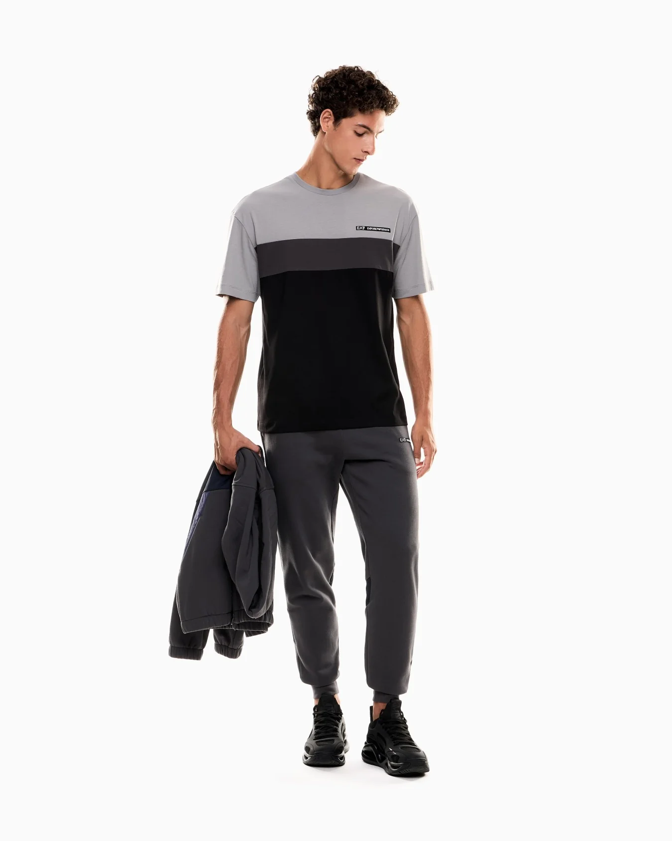 EA7 Emporio Armani 7M000935 Athletic Colour Block Cotton-Blend Crew-Neck T-Shirt - Grey - Image 5