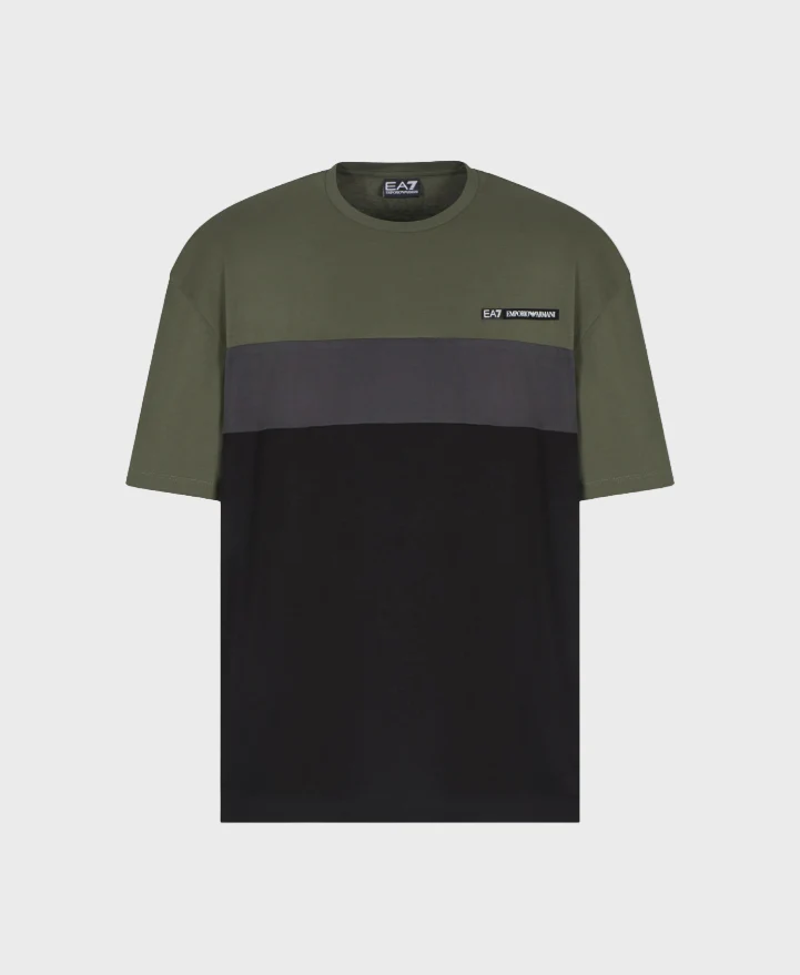 EA7 Emporio Armani 7M000935 Athletic Colour Block Cotton-Blend Crew-Neck T-Shirt - Green