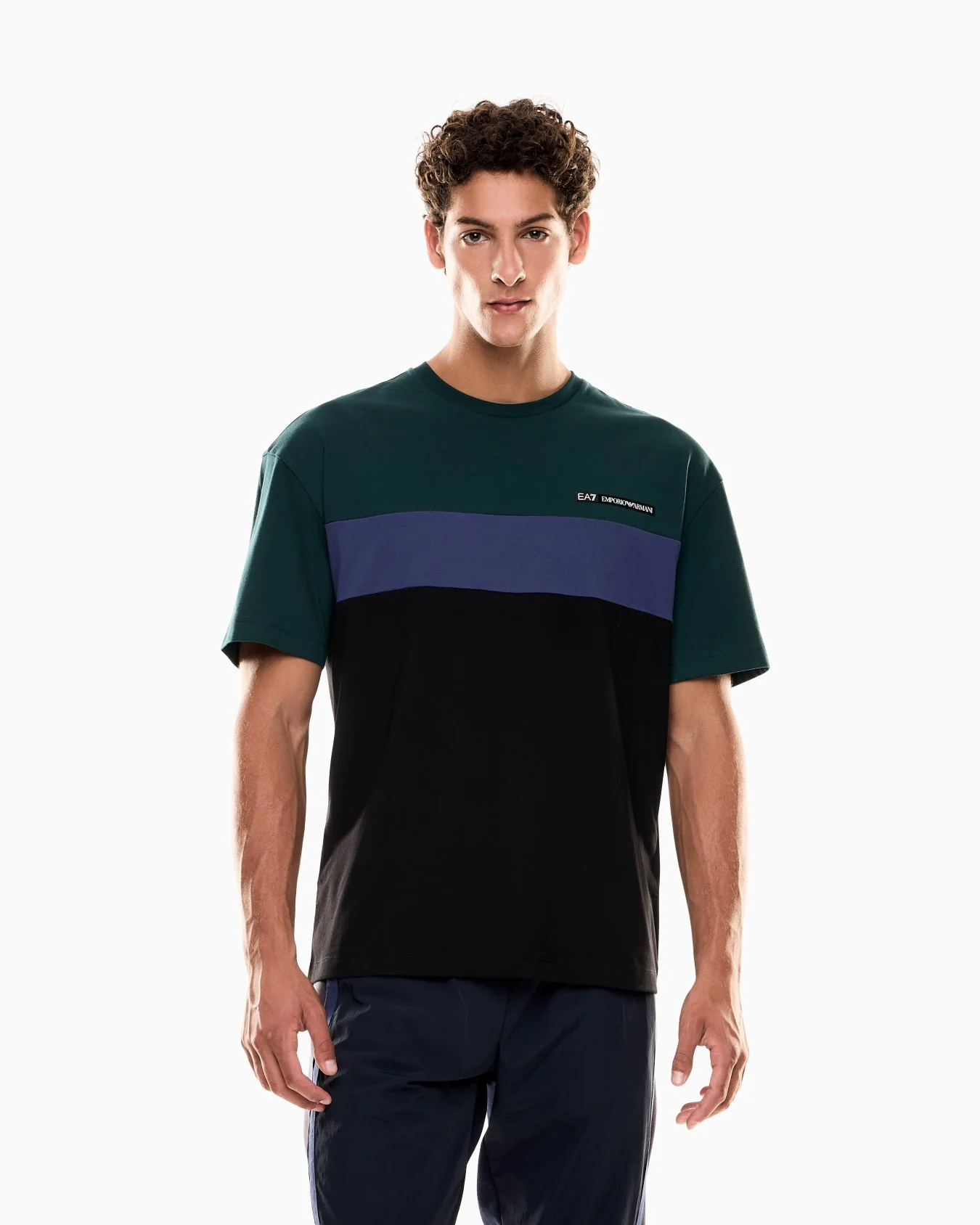 EA7 Emporio Armani 7M000935 Athletic Colour Block Cotton-Blend Crew-Neck T-Shirt - Pine Green - Image 2