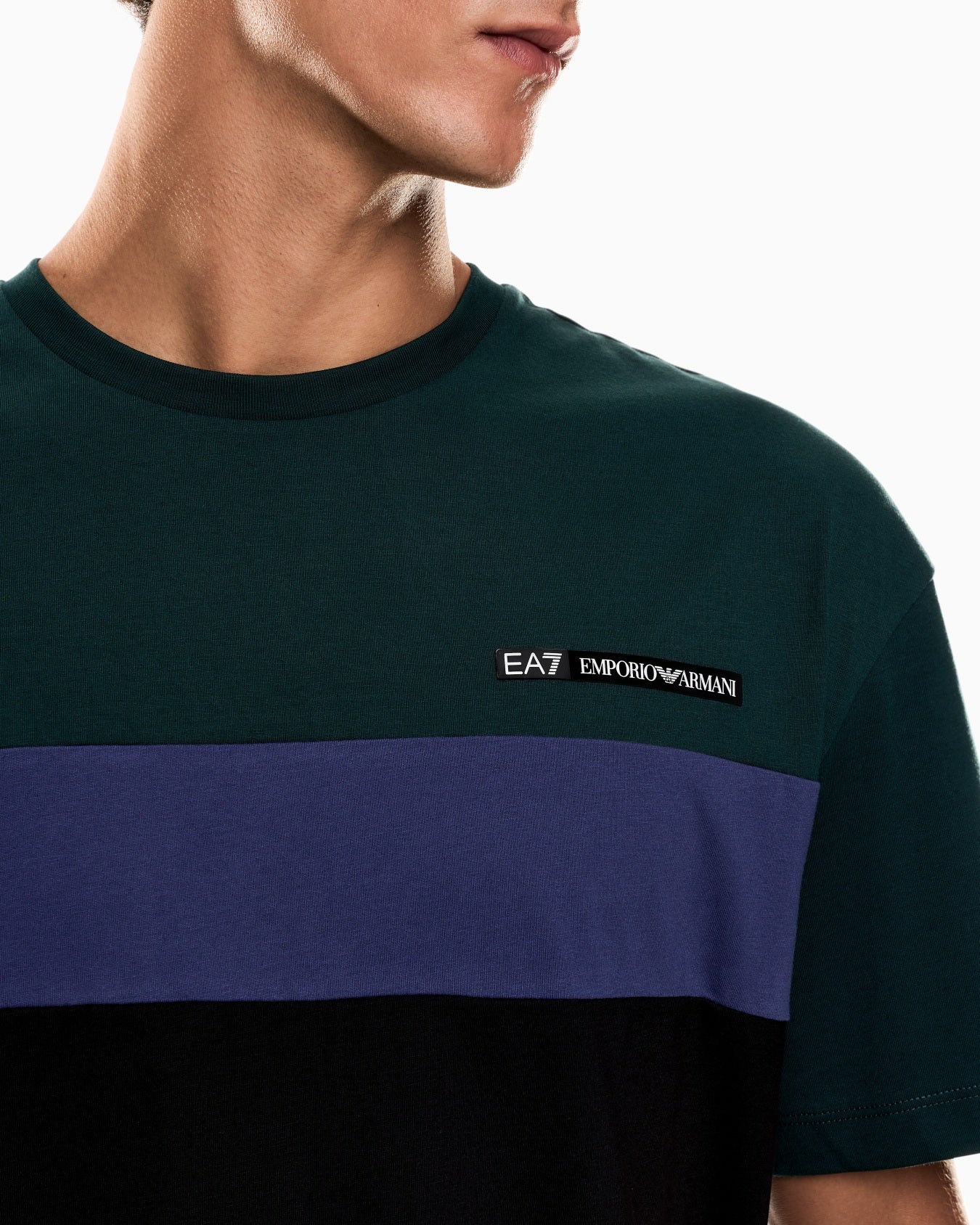EA7 Emporio Armani 7M000935 Athletic Colour Block Cotton-Blend Crew-Neck T-Shirt - Pine Green - Image 4