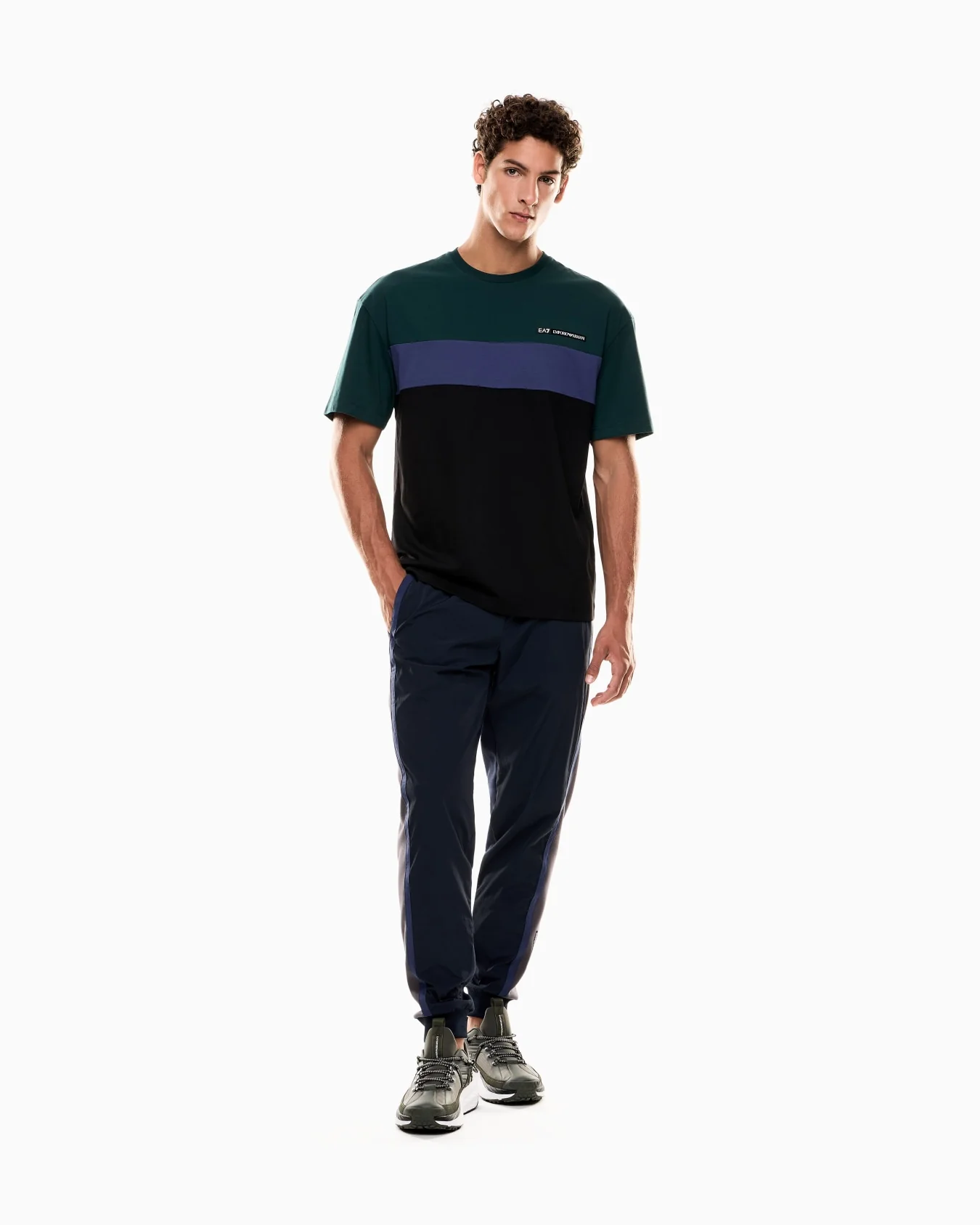 EA7 Emporio Armani 7M000935 Athletic Colour Block Cotton-Blend Crew-Neck T-Shirt - Pine Green - Image 5