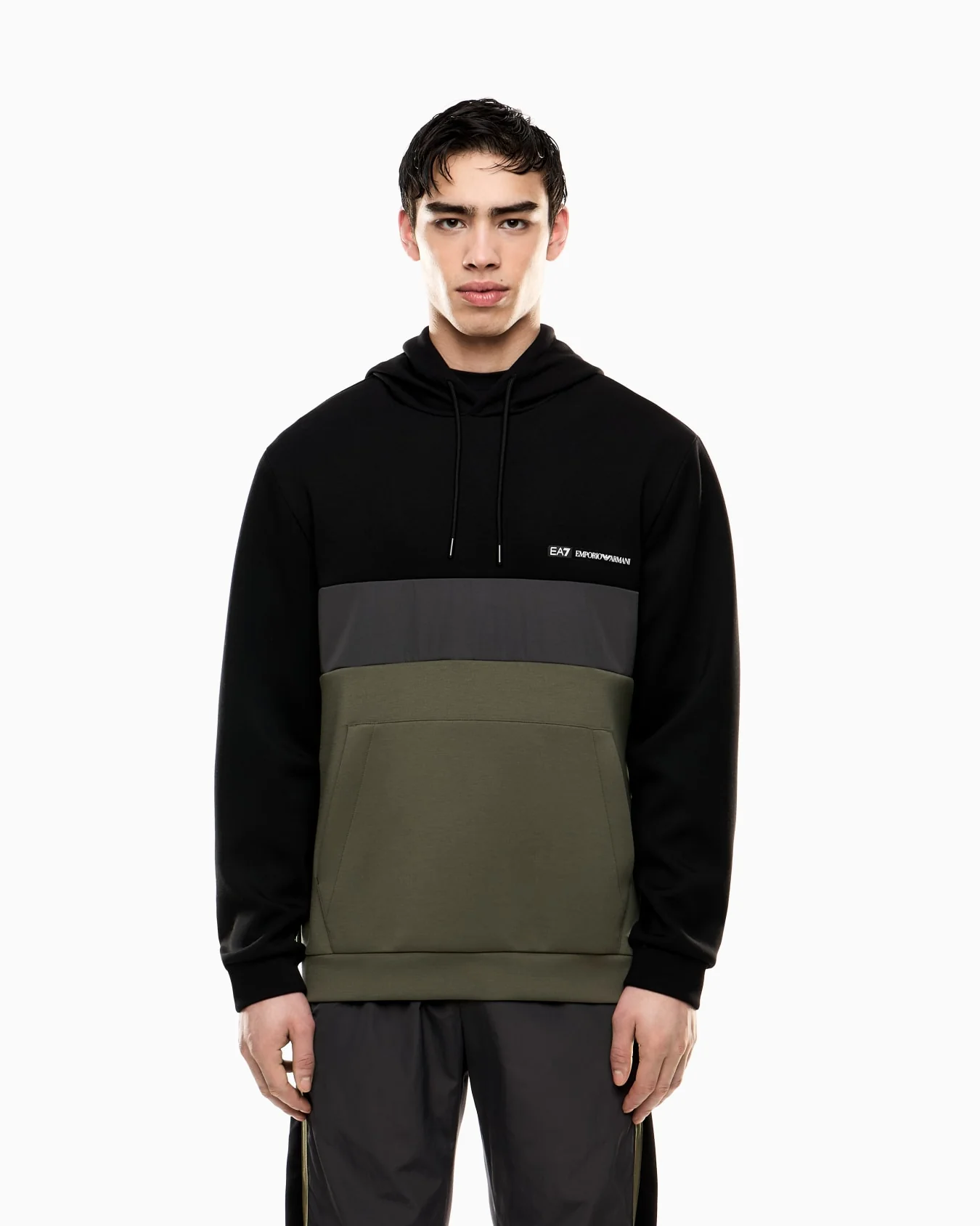 EA7 Emporio Armani 7M000937 Athletic Colour Block Hooded Sweatshirt - Green - Image 2