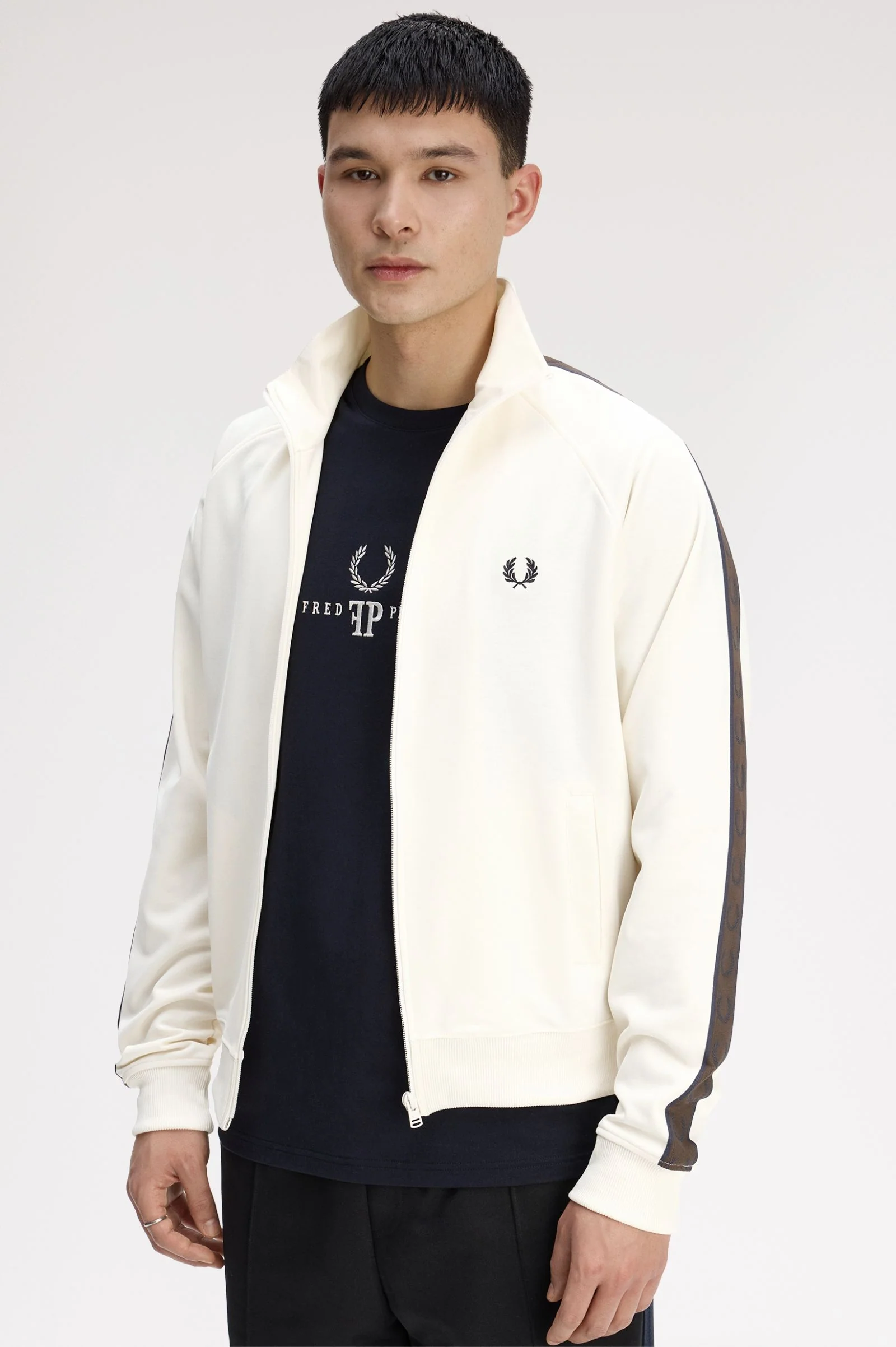 Fred Perry J5557 Contrast Tape Track Jacket - 42A Ecru/Burn Tobacco - Image 2