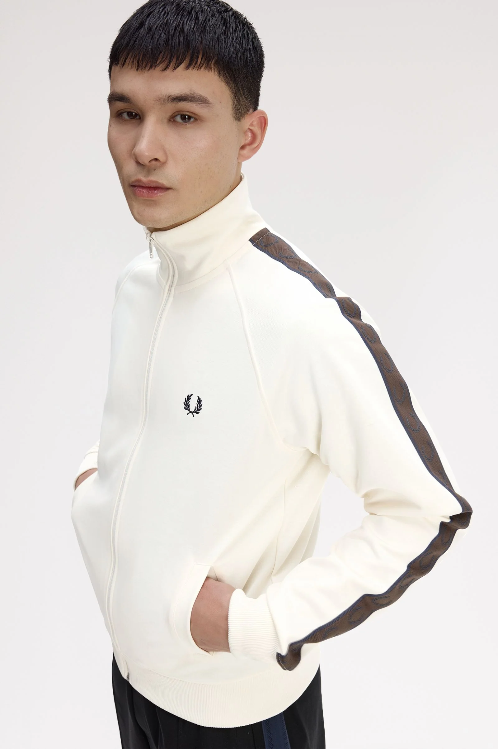Fred Perry J5557 Contrast Tape Track Jacket - 42A Ecru/Burn Tobacco - Image 3