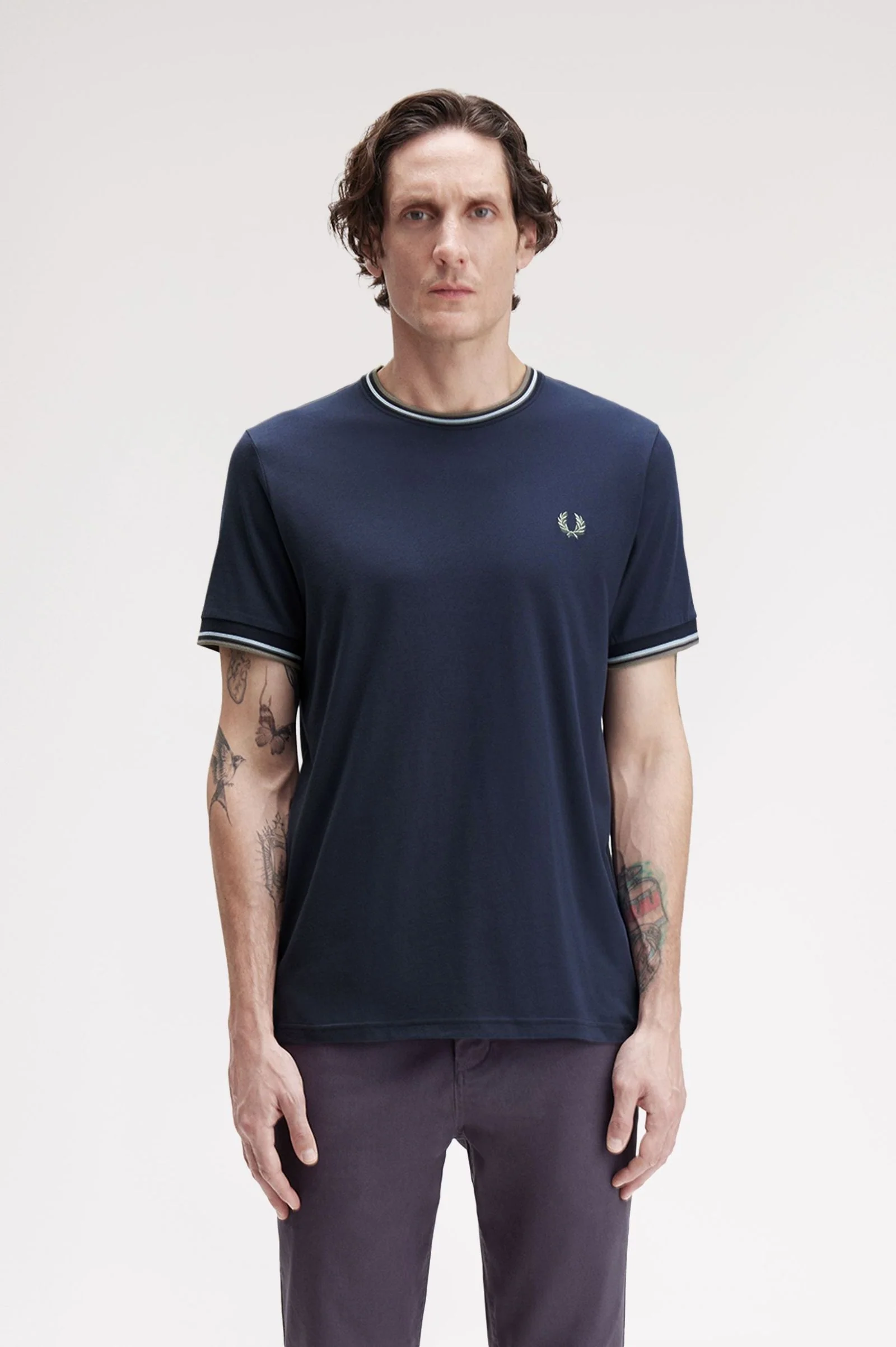 Fred Perry M1588V Twin Tipped T-Shirt Z47 Dark Airforce/Light Ice/Bay Leaf - Image 3
