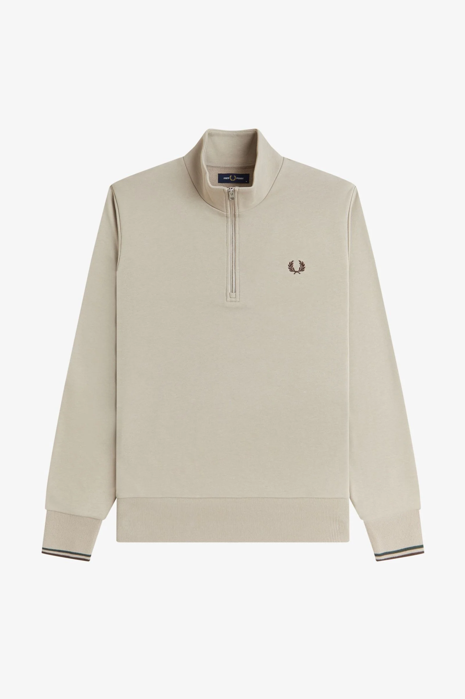 Fred Perry M3574 Half Zip Sweatshirt - 50A Warm Oat/Court Green/Bunrt Tobacco - Image 5