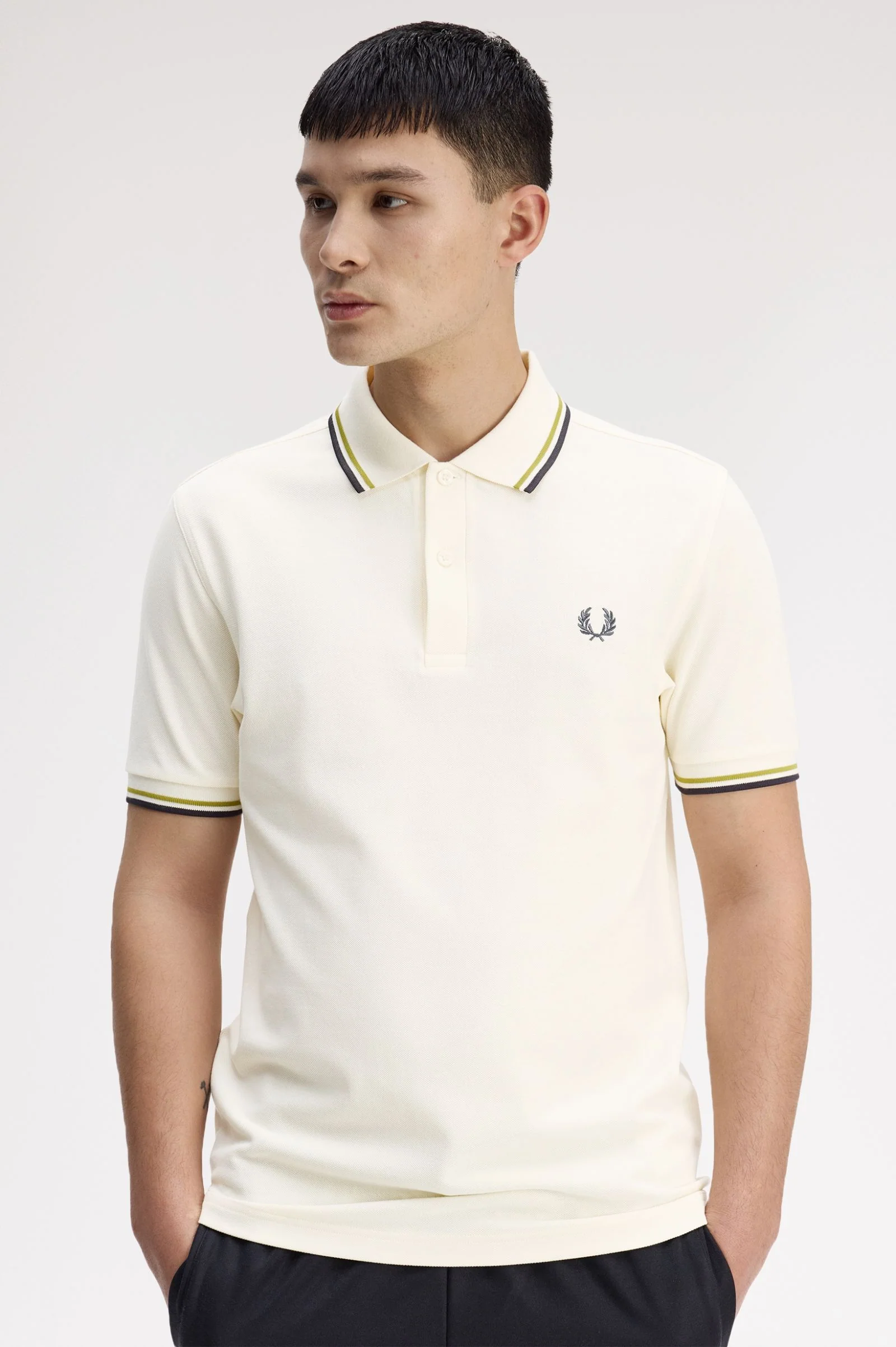 Fred Perry M3600 Twin Tipped Polo Shirt - 46A Ecru/Tennis Ball Yellow/Anchor Grey - Image 4