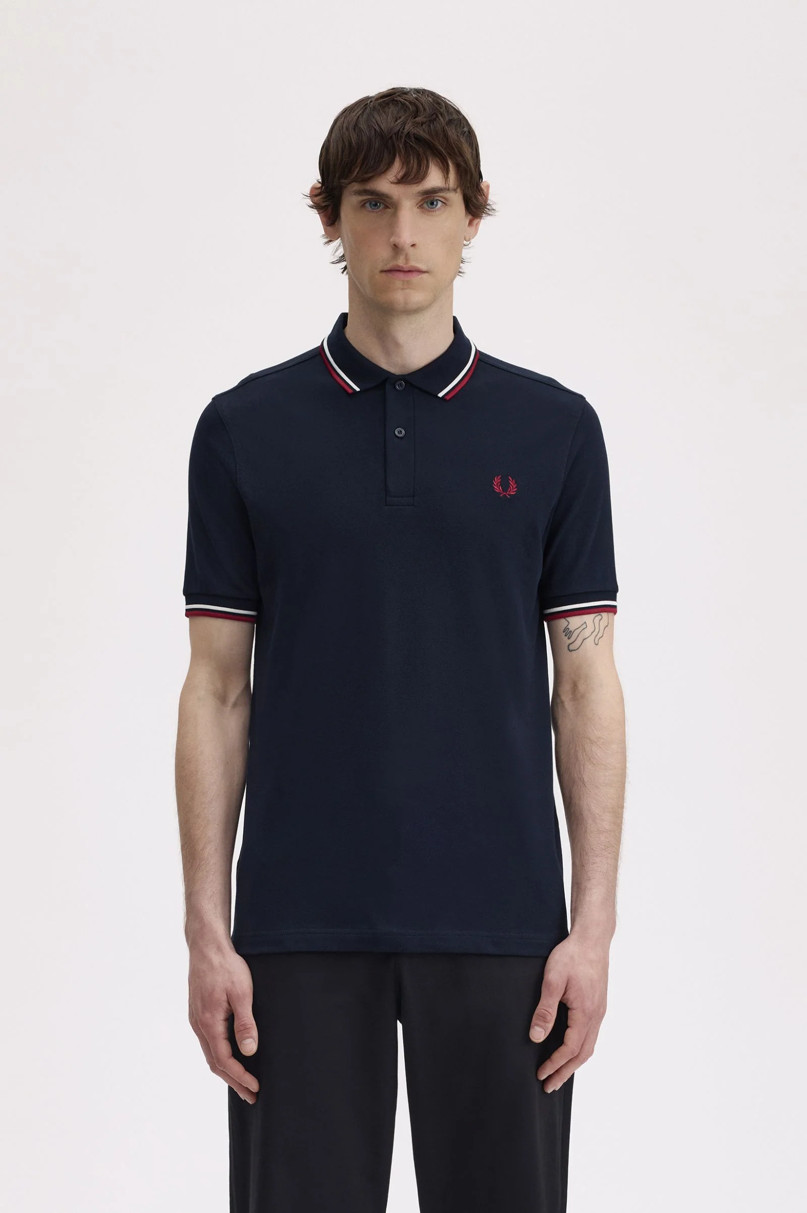 Fred Perry M3600 Twin Tipped Polo Shirt - T55 Navy/Snow White/Burnt Red - Image 3