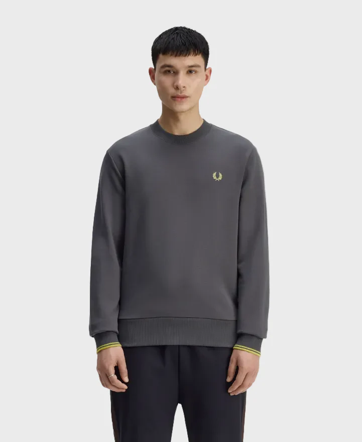 Fred Perry M7535 Crew Neck Sweatshirt - 58A Anchor Grey/Tennis Ball Yellow