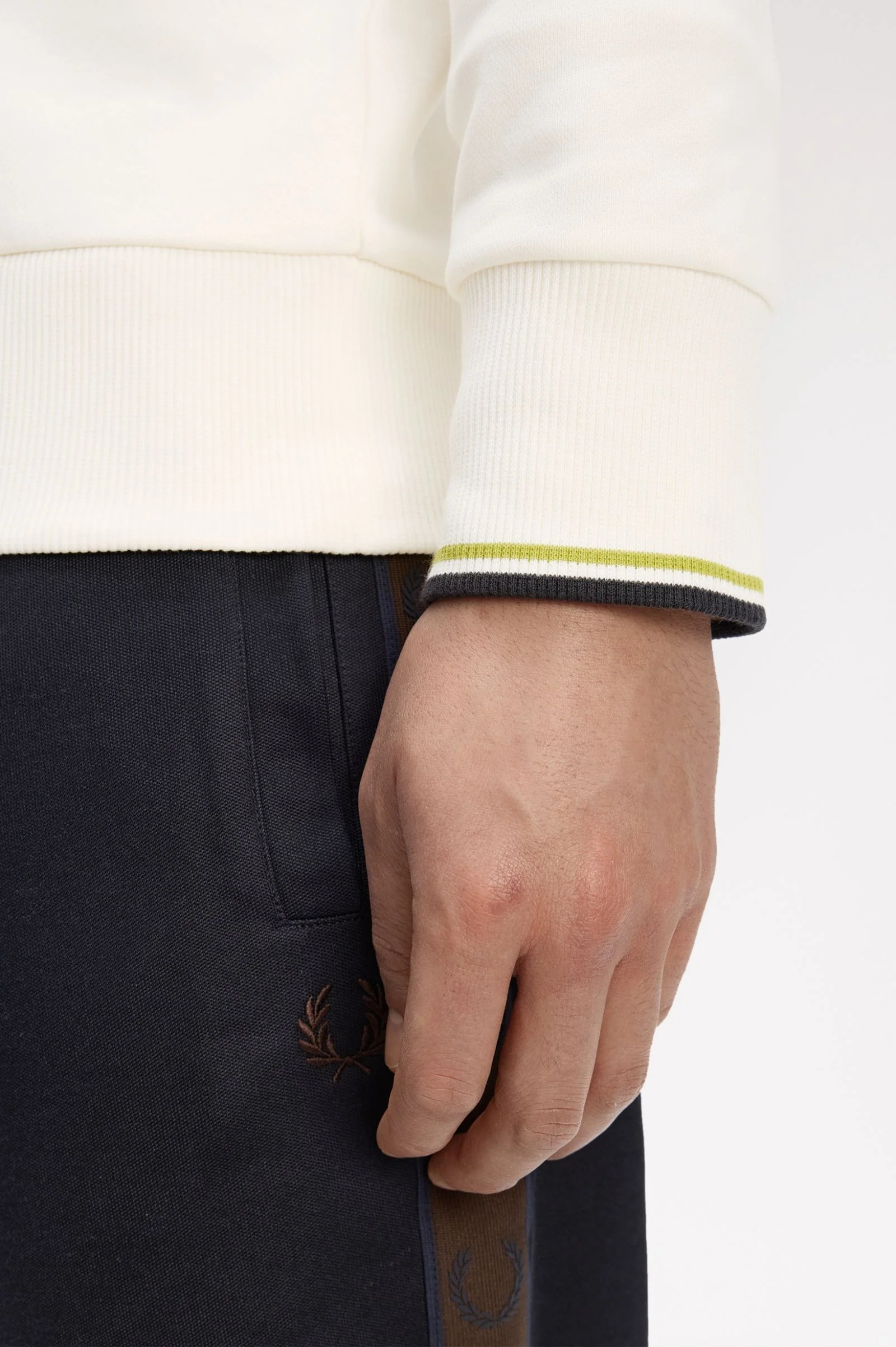Fred Perry M7535 Crewneck Sweatshirt - 46A Ecru/Tennis Ball Yellow/Anchor Grey - Image 2