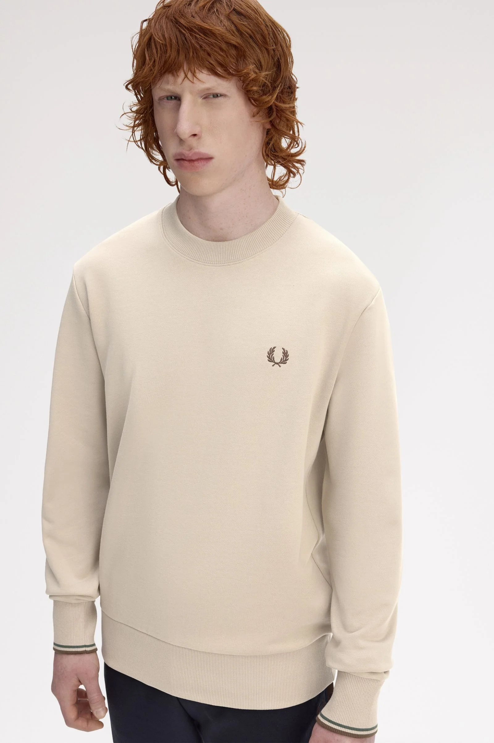 Fred Perry M7535 Crewneck Sweatshirt - 50A Warm Oat/Court Green/Burnt Tobacco - Image 4