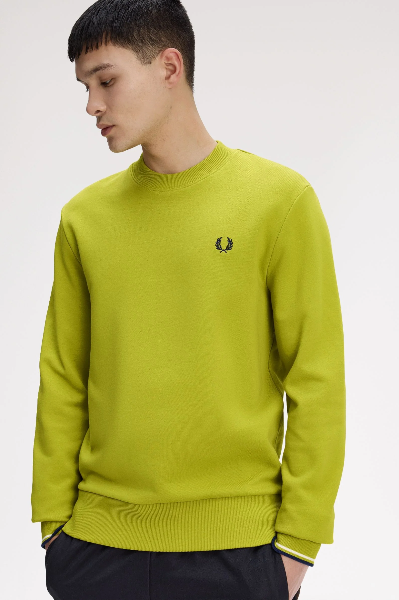 Fred Perry M7535 Crewneck Sweatshirt - 57A Tennis Ball Yellow/French Navy - Image 4