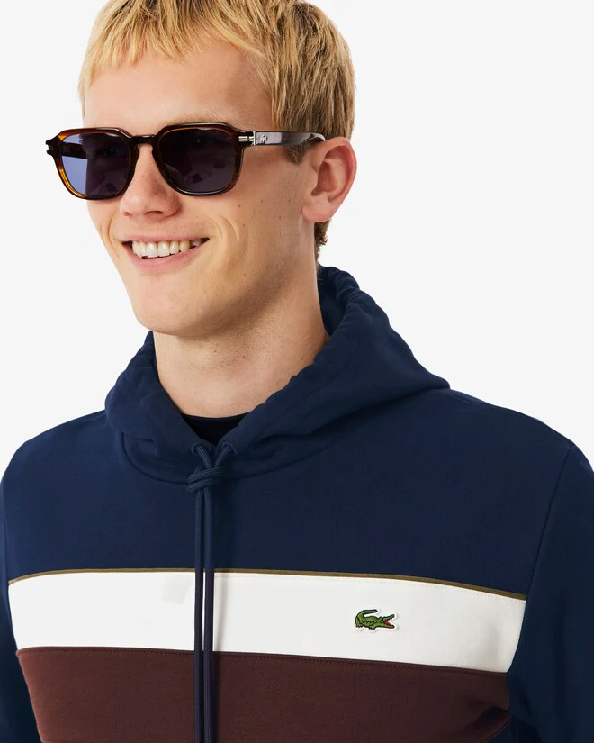 Lacoste SH8161 Colour-Block Fleece Hoodie - 6WZ Navy/White/Brown - Image 3