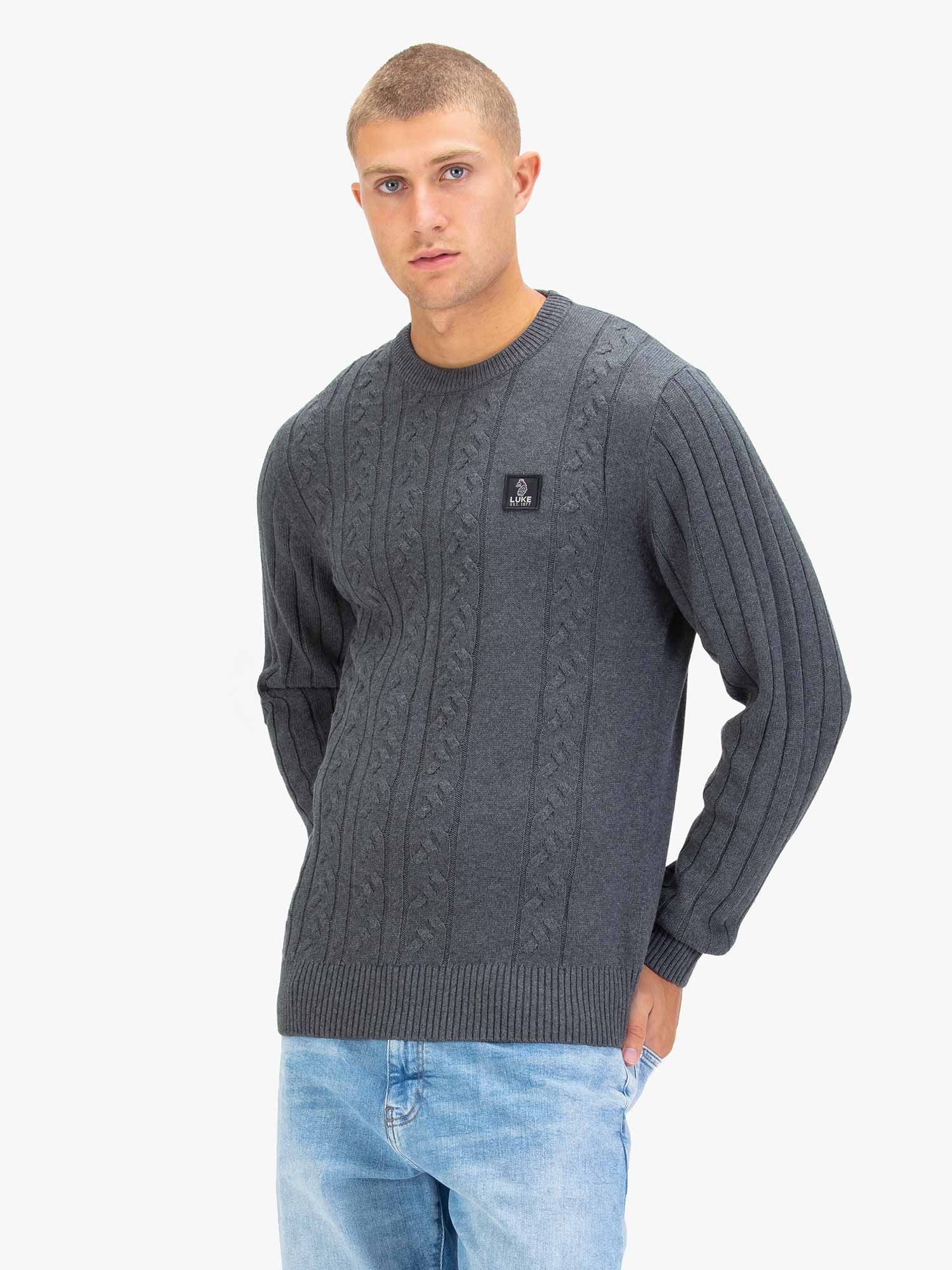 Luke 1977 M810650 Mitchem Cable Knit Jumper Charcoal - Image 3