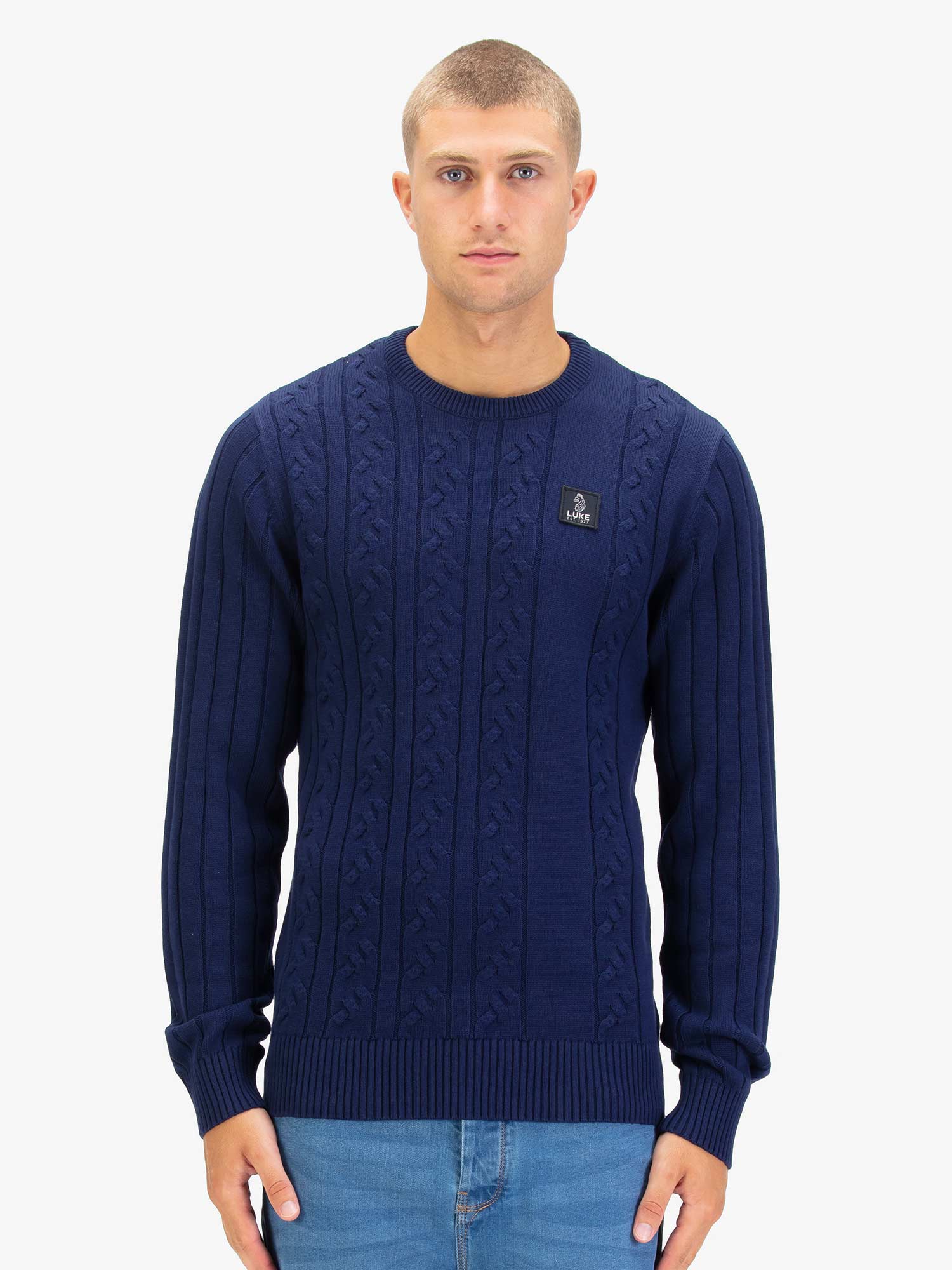 Luke 1977 M810650 Mitchem Cable Knit Jumper Navy - Image 3