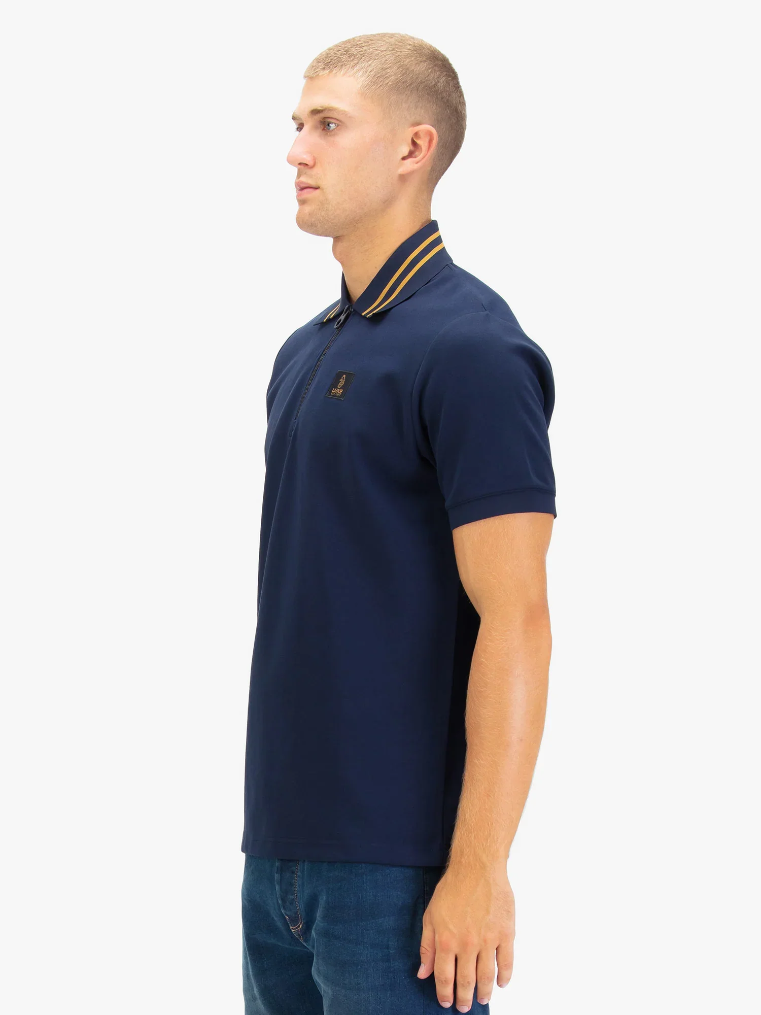 Luke 1977 Throop Zip Neck Polo - Dark Navy/Gold - Image 3