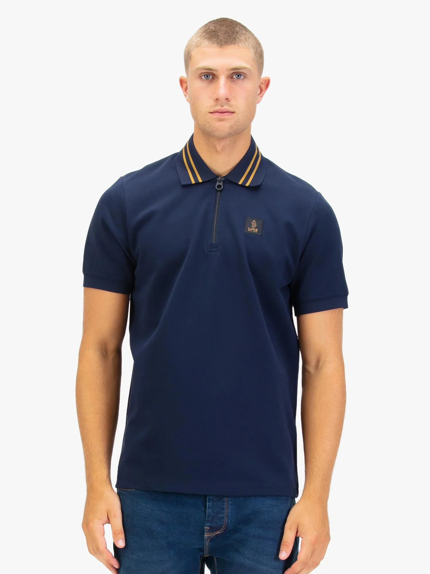 Luke 1977 Throop Zip Neck Polo - Dark Navy/Gold - Image 4