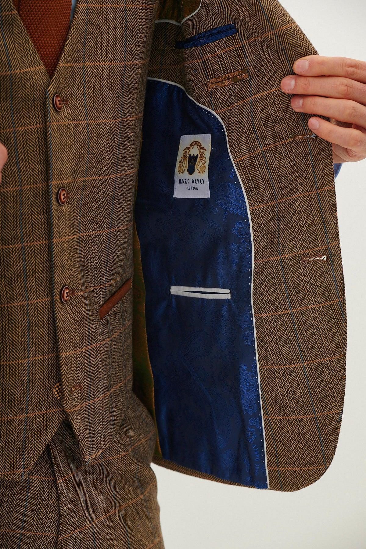Marc Darcy DX7 Tweed Check Blazer - Tan - Image 4