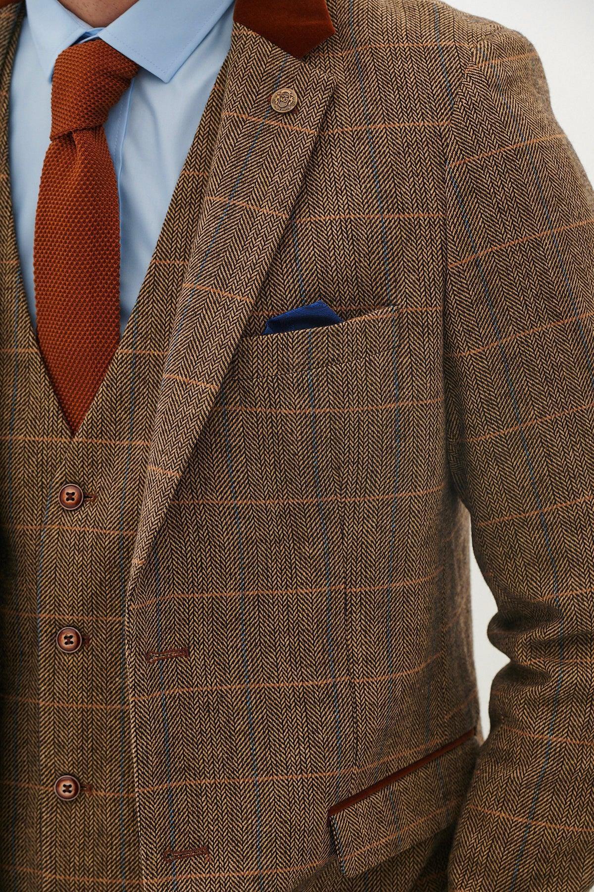 Marc Darcy DX7 Tweed Check Blazer - Tan - Image 5