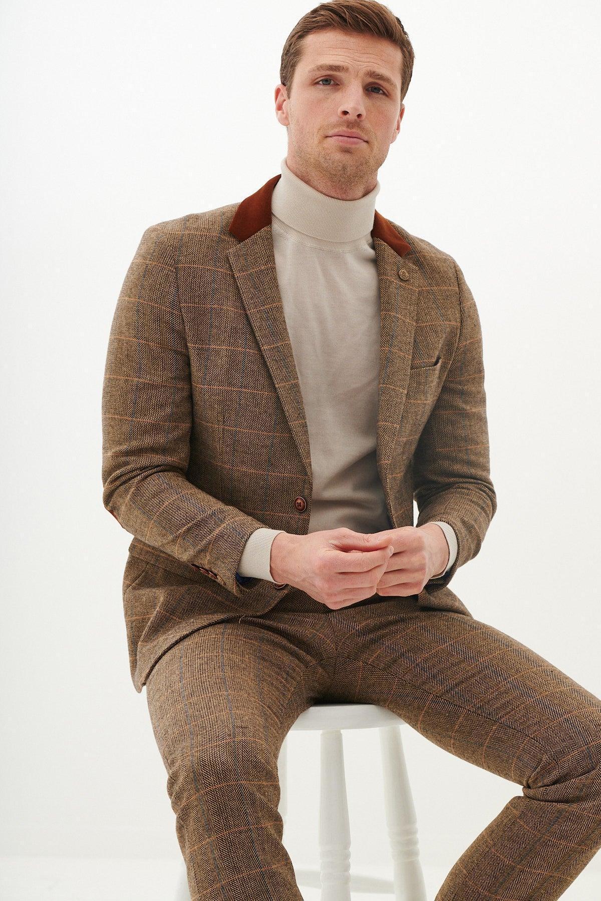 Marc Darcy DX7 Tweed Check Blazer - Tan - Image 6