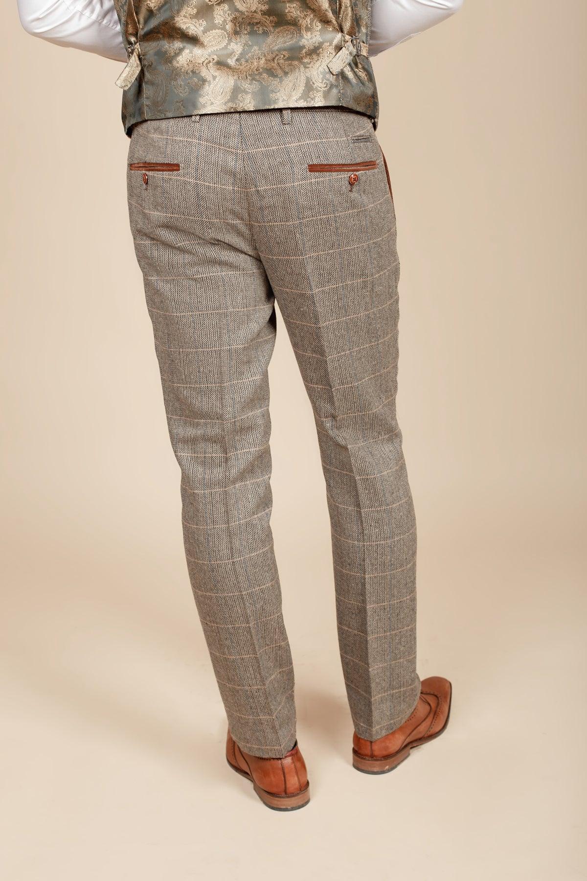 Marc Darcy DX7 Tweed Check Trousers - Tan - Image 3