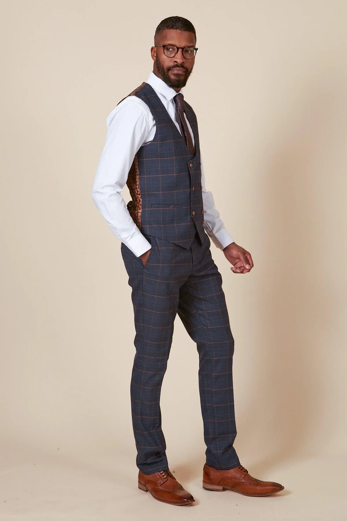Marc Darcy Jenson Double Breasted Waistcoat - Marine Navy Check - Image 3