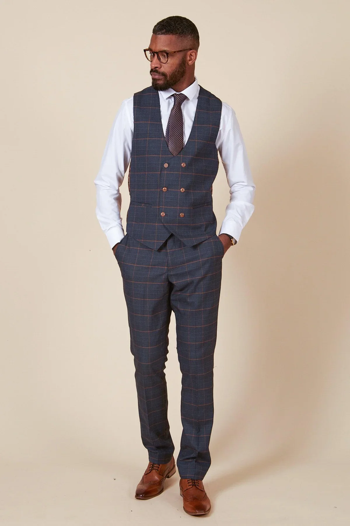 Marc Darcy Jenson Double Breasted Waistcoat - Marine Navy Check - Image 4