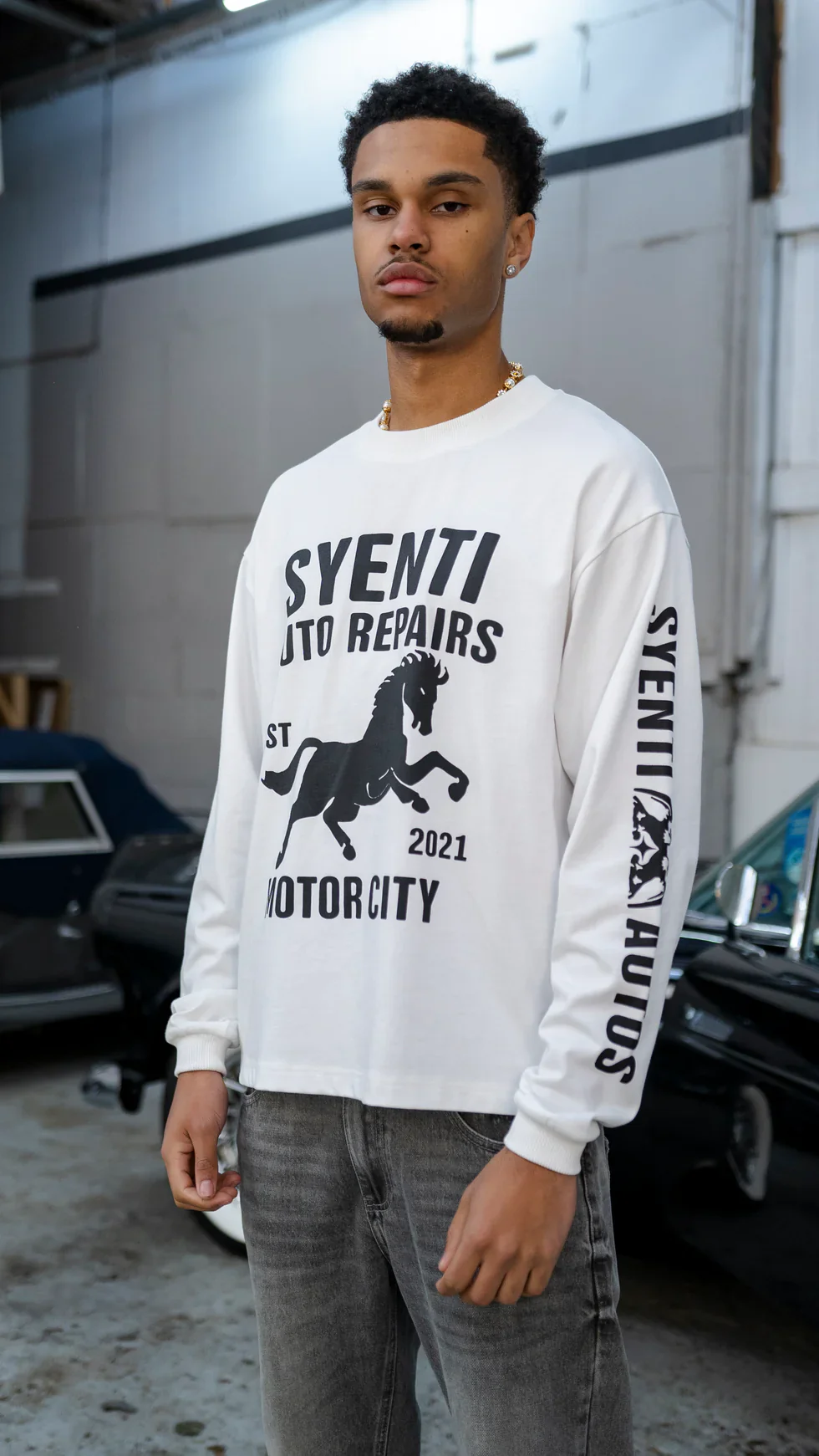 Syenti Motor City Long Sleeve T-Shirt Off White - Image 4
