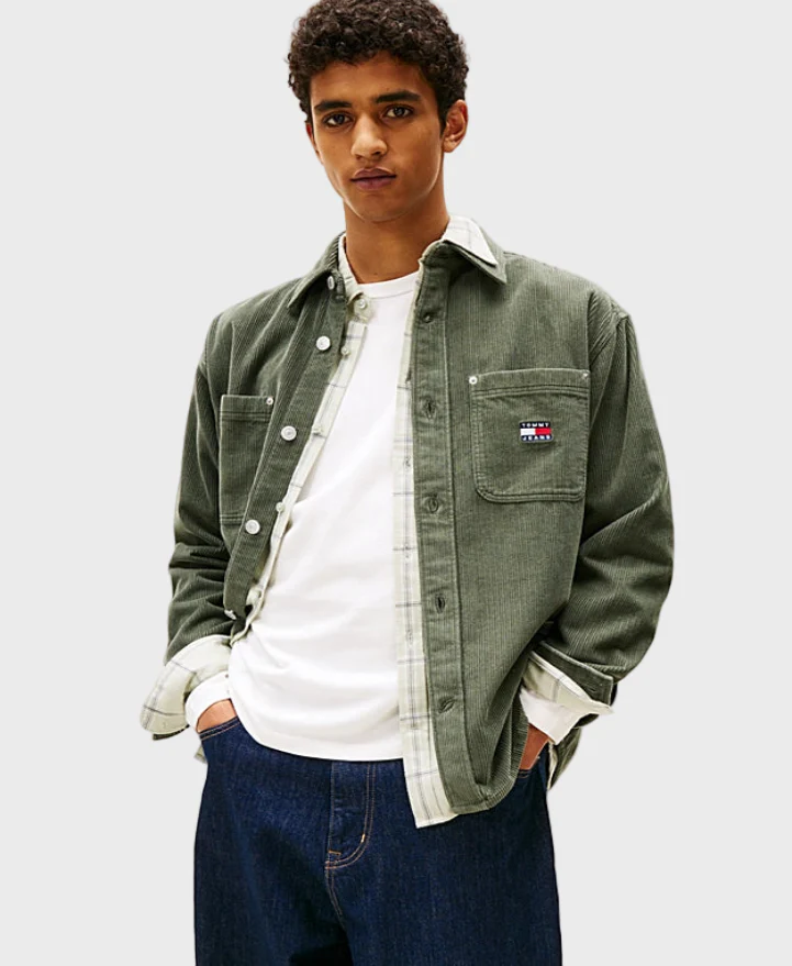 Tommy Jeans Logo Relaxed Fit Cord Overshirt Pewter Green