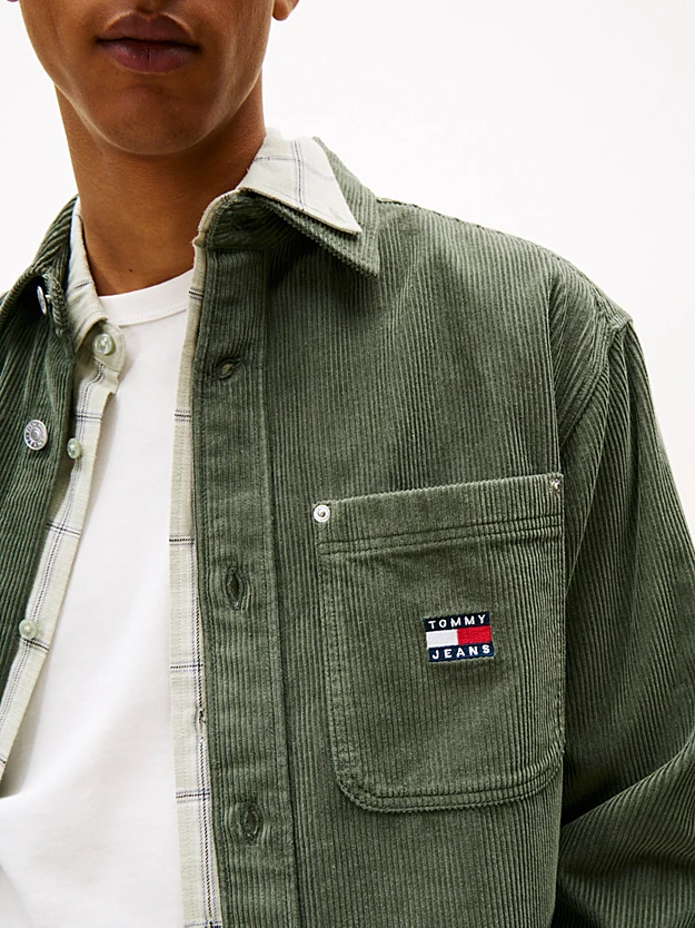 Tommy Jeans Logo Relaxed Fit Cord Overshirt Pewter Green - Image 3