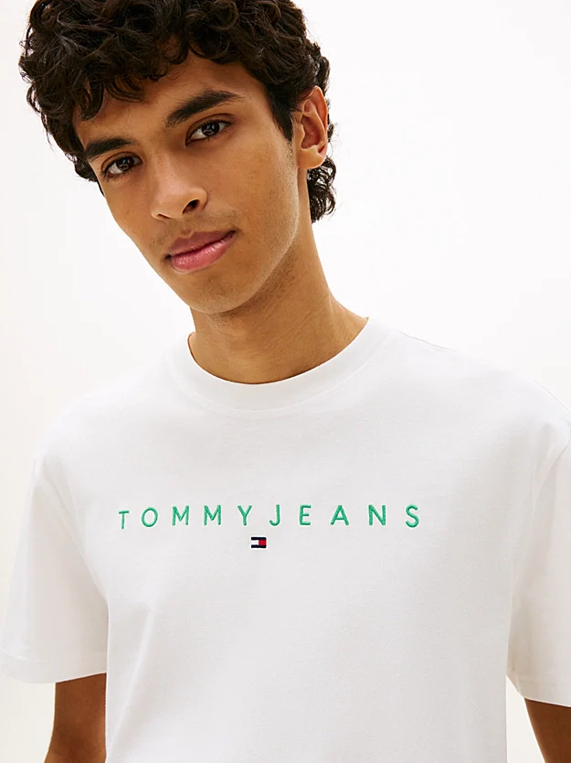Tommy Jeans Linear Logo Embroidery Jersey T-Shirt - Ecru/Bahama Green - Image 4
