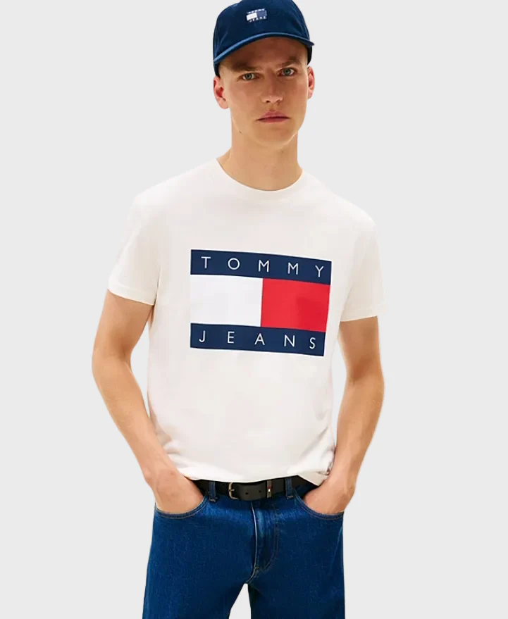 Tommy Jeans DM0DM22645YBH Flag Badge Jersey Crew Neck T-Shirt - Off White - Image 2